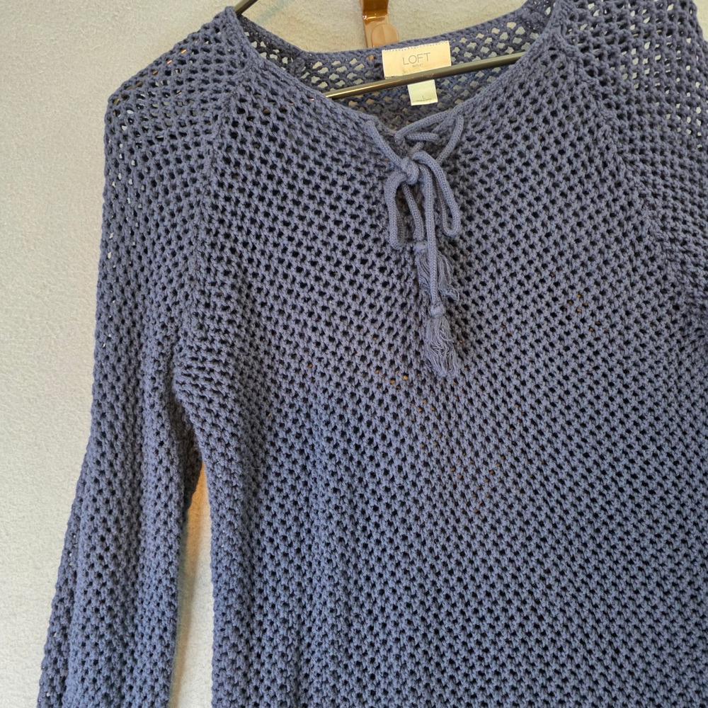 LOFT Outlet Navy Blue Open Knit‎ Crochet Sweater Large L Lace Up Tassel Boho